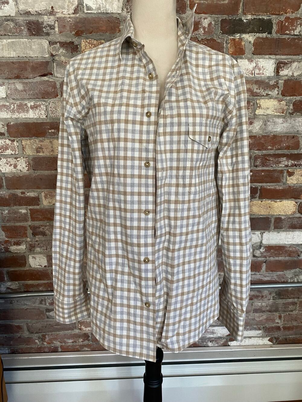 Nordstrom Men's Shop Gingham Plaid Trim Fit Shirt Size Large Tan Gray